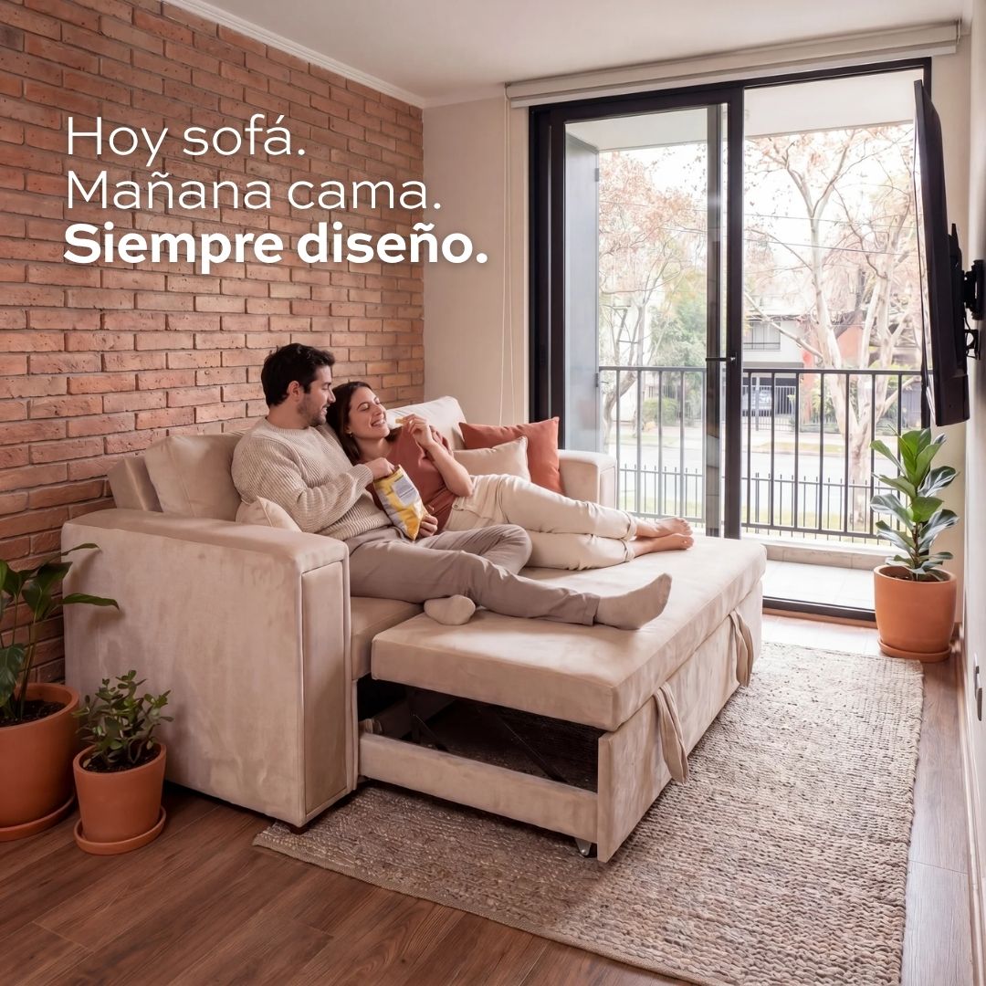 Detalle de almacenamiento oculto patentado en sofá cama Siena para organización inteligente del hogar