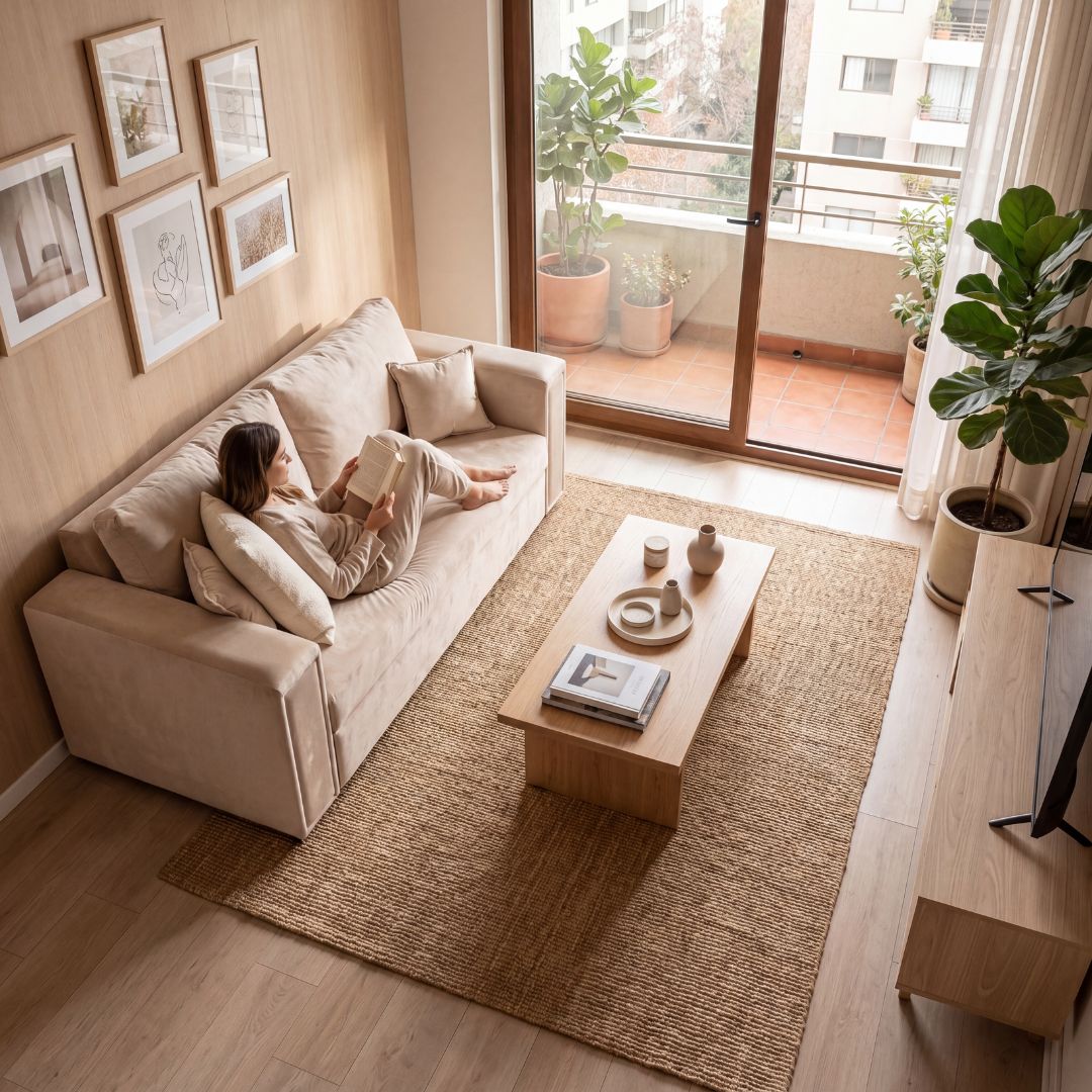 Sofá cama Siena beige en living pequeño moderno optimizando espacio y diseño contemporáneo
