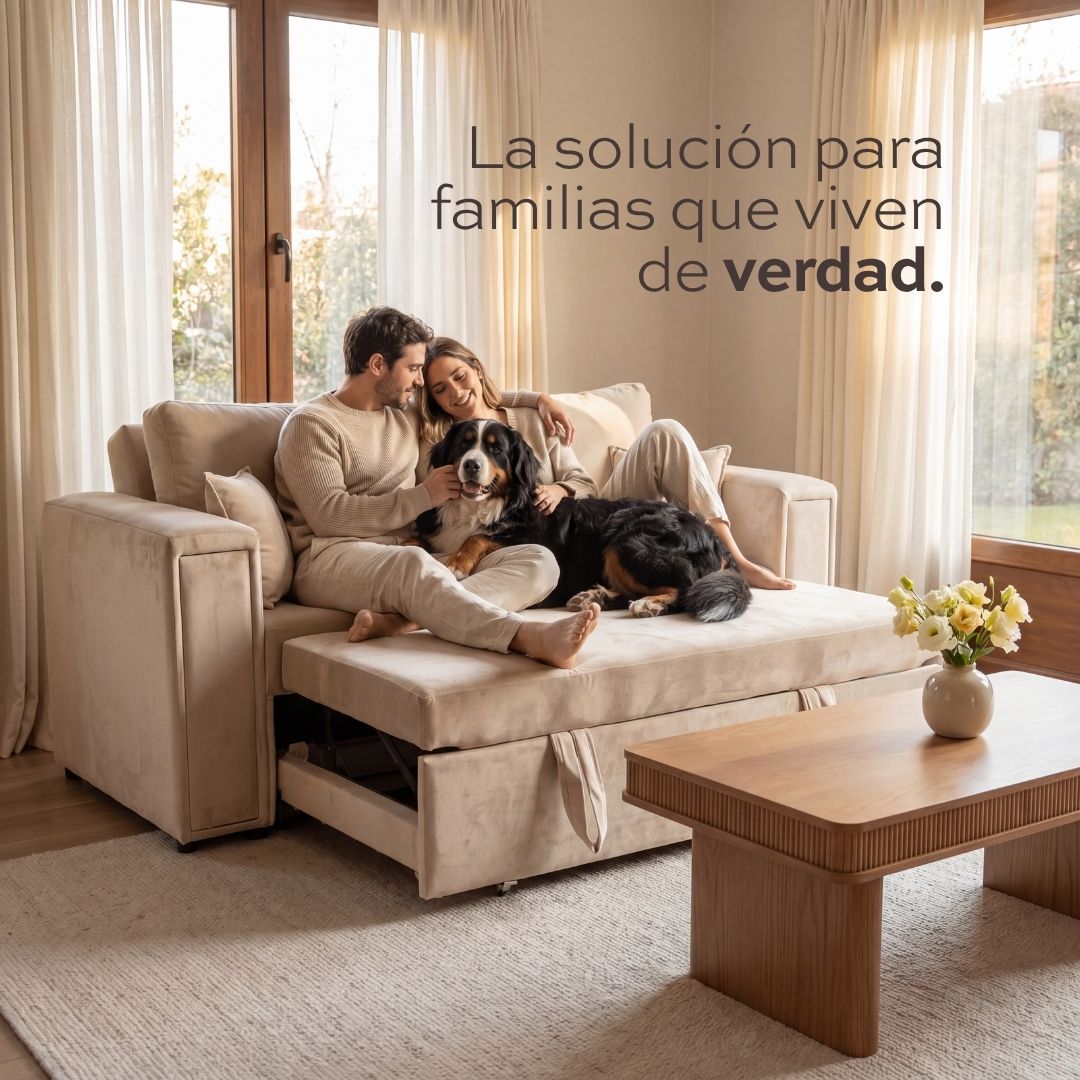 Sofá cama Siena multifuncional para familias con sistema extensible en sala de estar luminosa